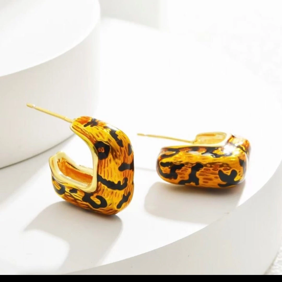 铜合金珐琅耳饰 309豹纹滴油时尚百搭耳环ins彩色耳圈复古法式