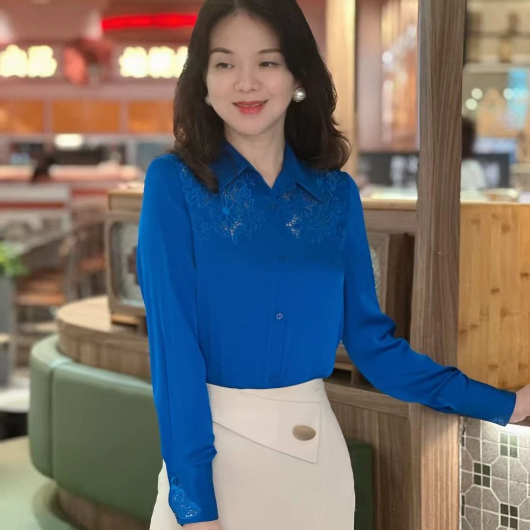 高雅气质桑蚕丝重工镂空绣花镂空衬衣长袖衬衫58139
