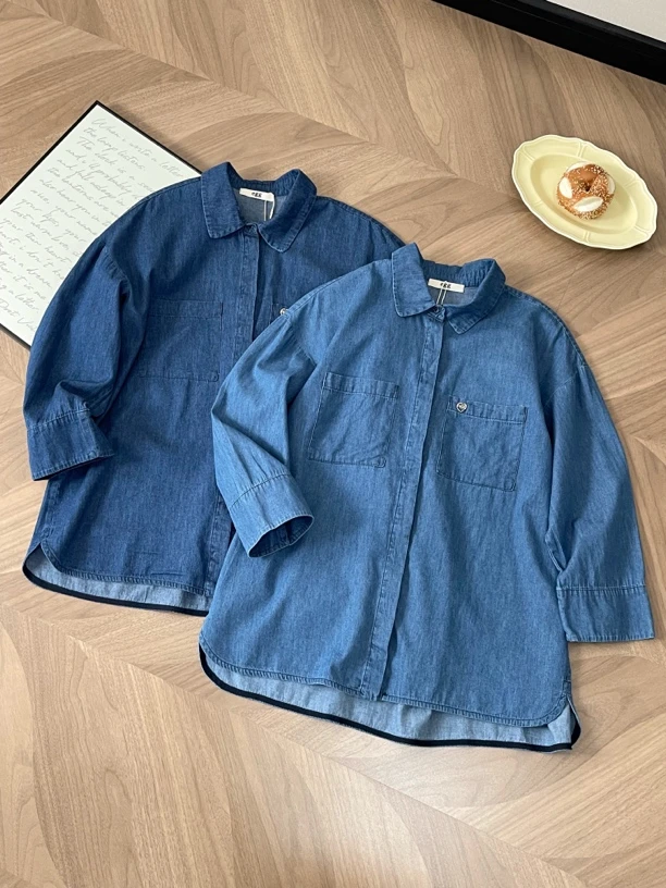 韩单egg水洗9分袖牛仔衬衣