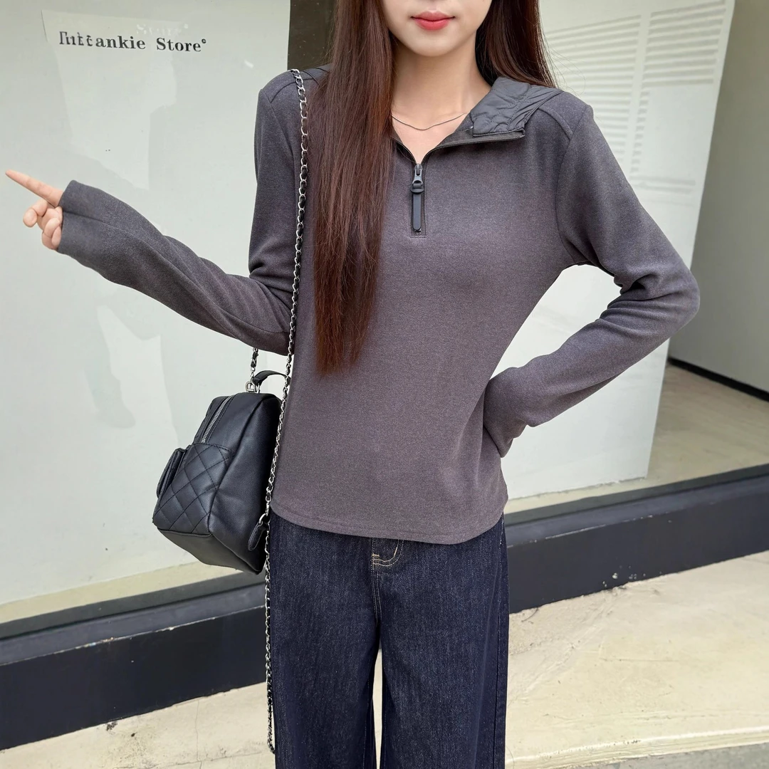 拉链长袖秋季连帽短款磨毛打底衫时尚秋冬纯色卫衣
