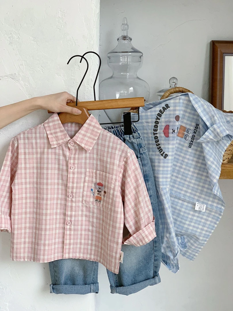 踏春赏花必带~真的好看 男女童蓝色棉布格子印花衬衫棉质长袖T恤