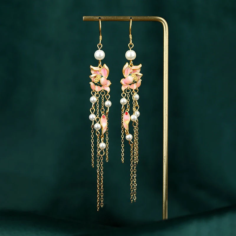 铜合金珐琅耳饰 新中式s925银针 手作珐琅繁花似锦古风流苏珍珠