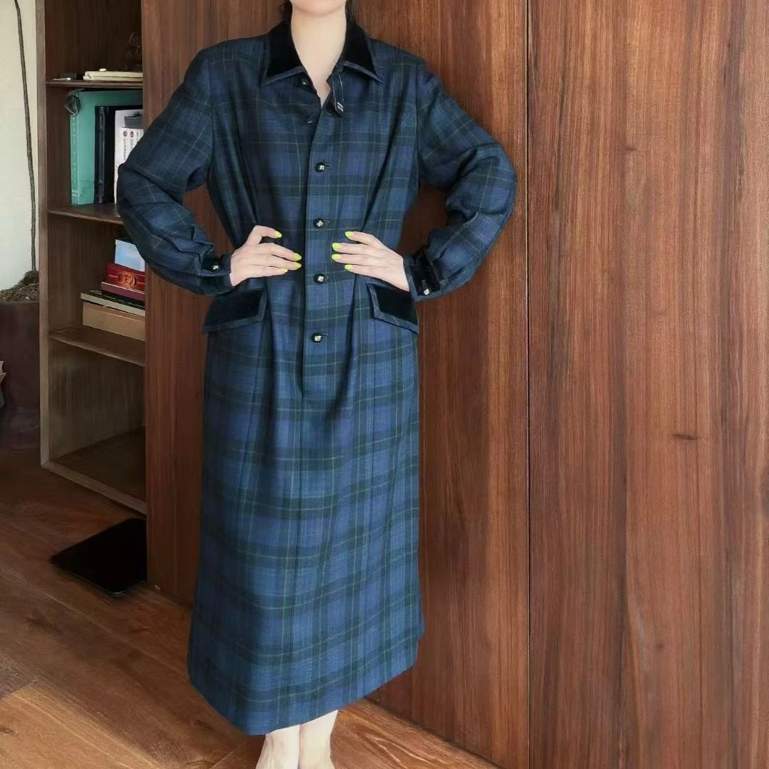 bbr/蓝绿格POLO领长袖连衣裙