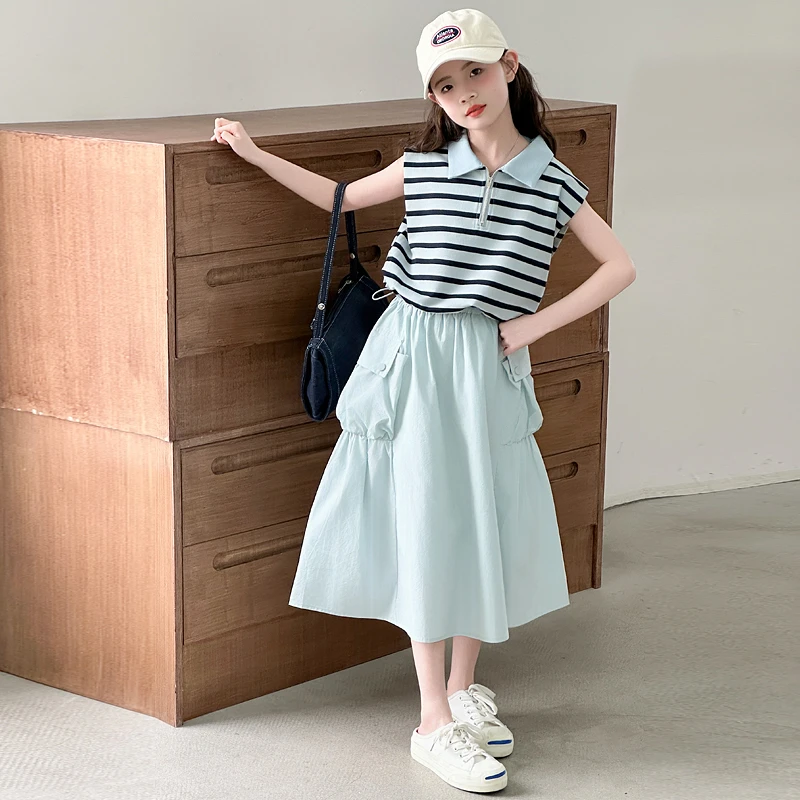 女童夏套装2025新款儿童洋气时髦条纹短袖夏装大童夏季裙子两件套