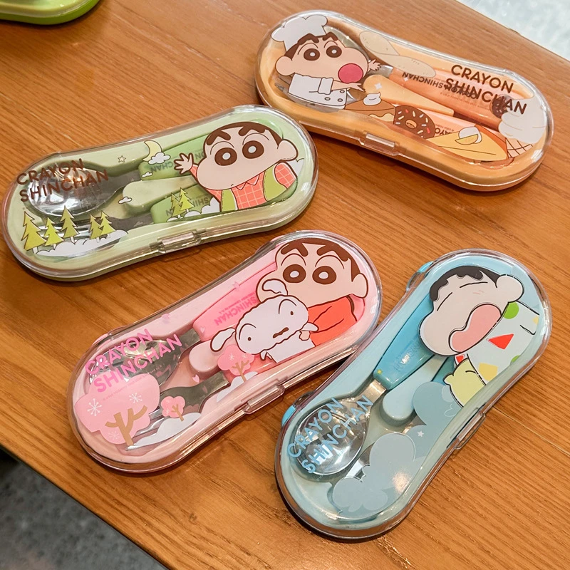 蜡笔小新儿童便携餐具套装收纳盒304不锈钢宝宝吃饭小勺卡通叉子