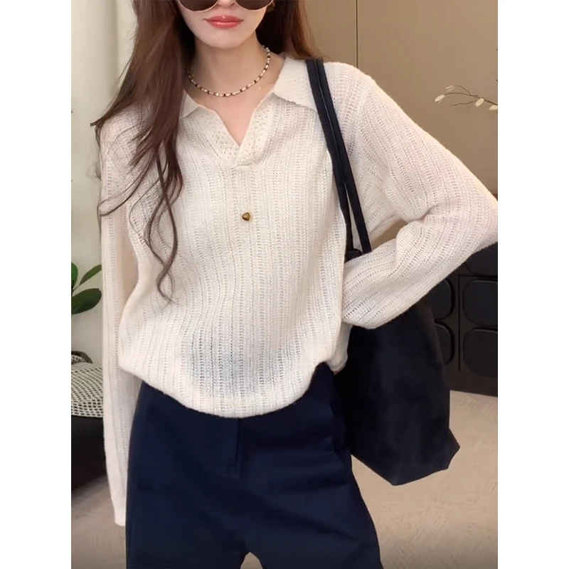 老钱风POLO领针织衫女春秋季新款极简高级感穿搭内搭打底长袖上衣