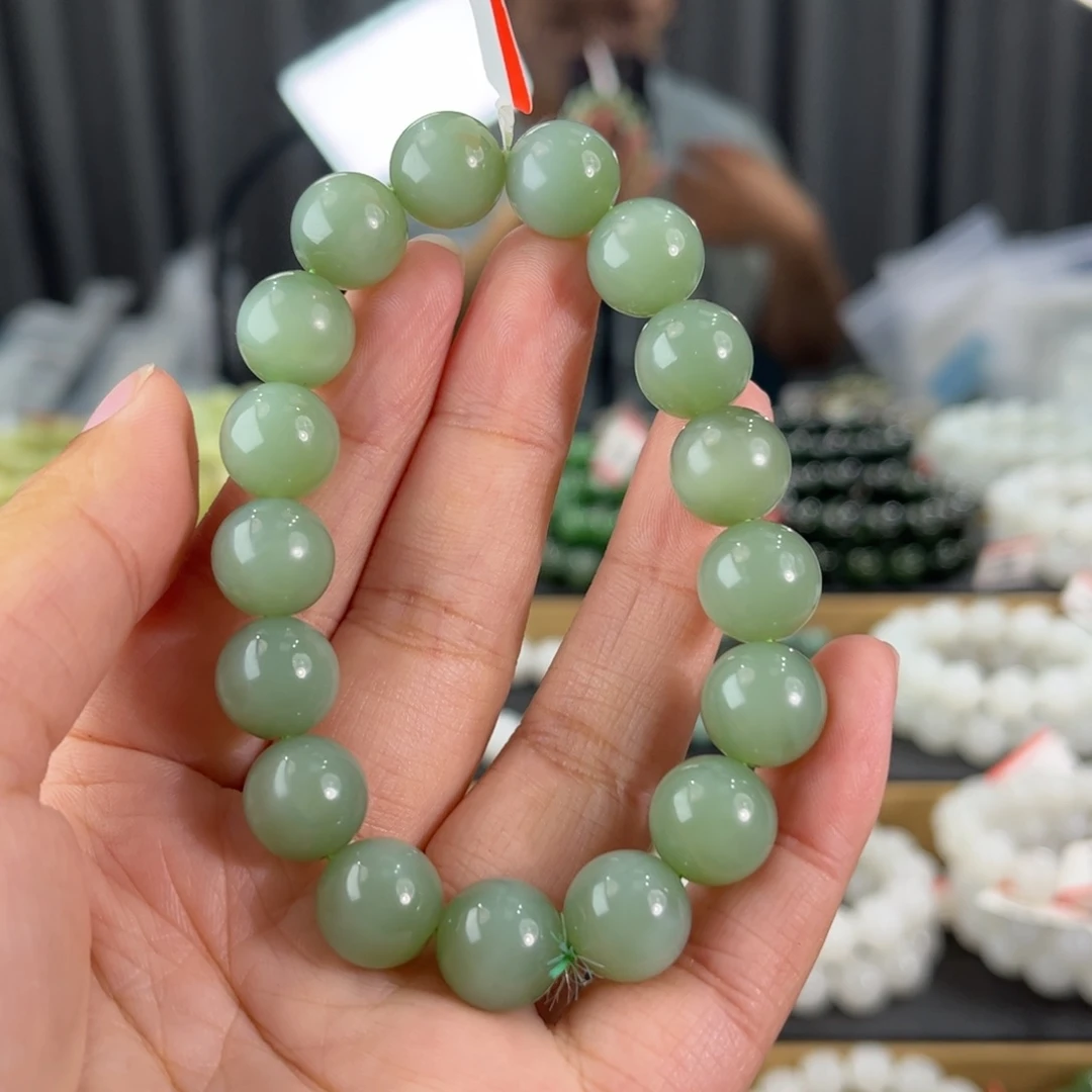 手链未镶嵌和田玉俄料碧玉粉青带猫卡12圆珠