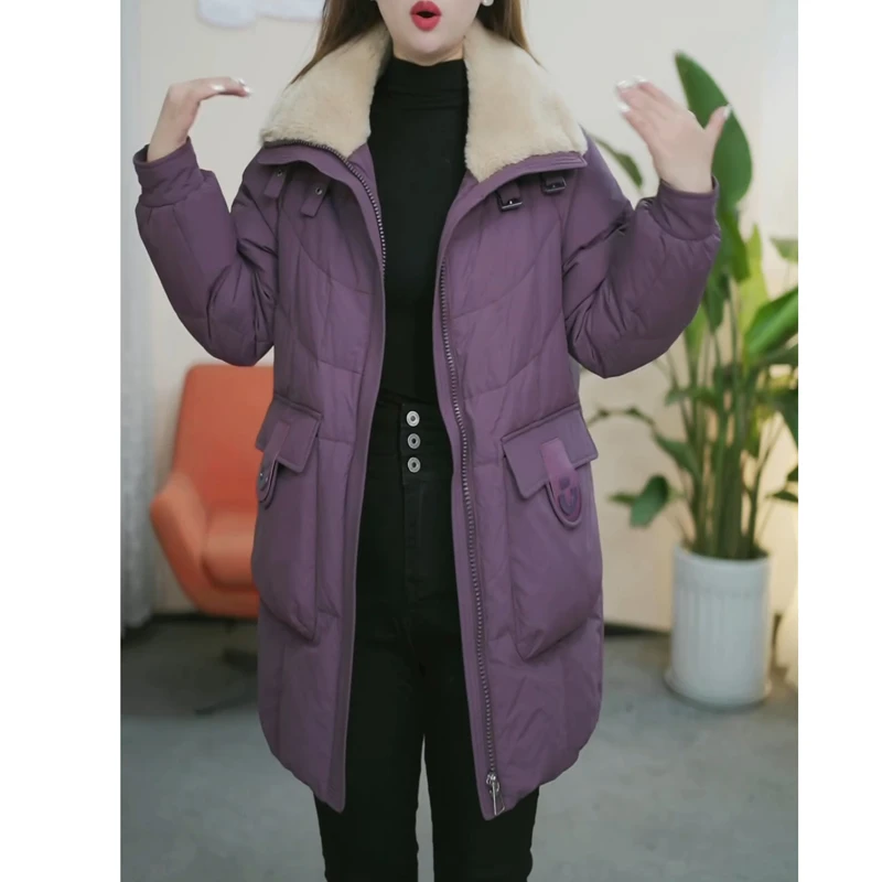 时尚毛领免洗保暖羽绒服女中长款冬季加肥加大码宽松白鸭绒厚外套