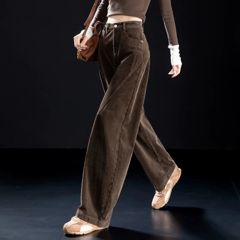 高端灯芯绒复古休闲裤女高腰阔腿弯刀裤2025新款小个子加绒哈伦裤