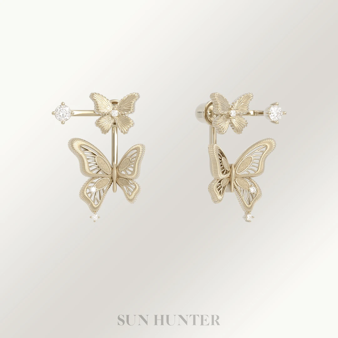 铜合金耳饰 三横SUN HUNTER「羽化」原创蕾丝蝴蝶前后戴耳钉设计感