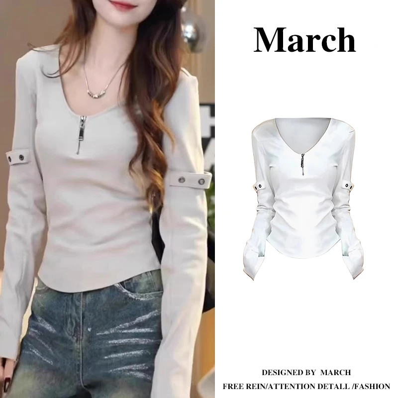 大码V领半拉链打底衫女2025春季新款胖mm长袖t恤修身显瘦上衣5719