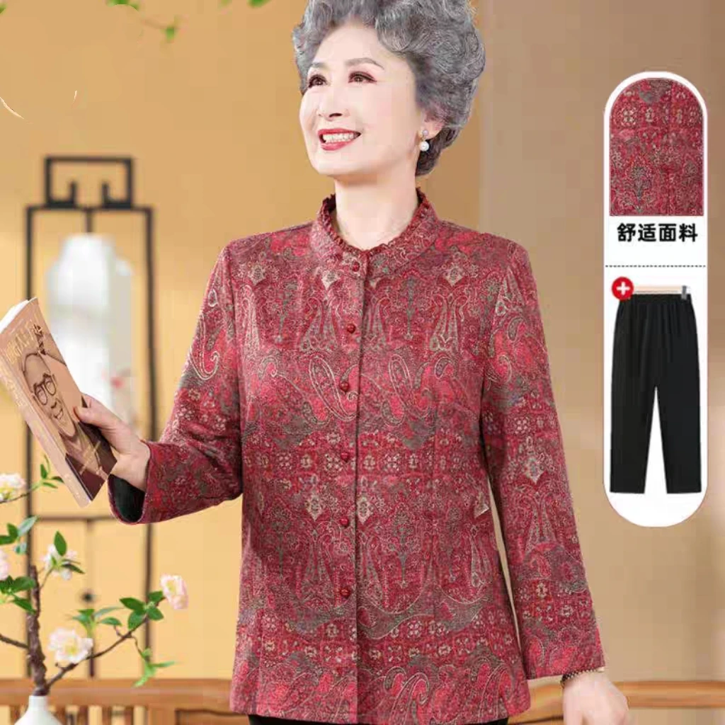 奶奶春秋装新款女中老年人衬衫妈妈长袖老人套装老太太春秋薄外套