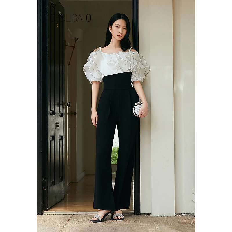 OBBLIGATO奥丽嘉朵2025夏季1C35202070新品荷叶边撞色拼接连体服