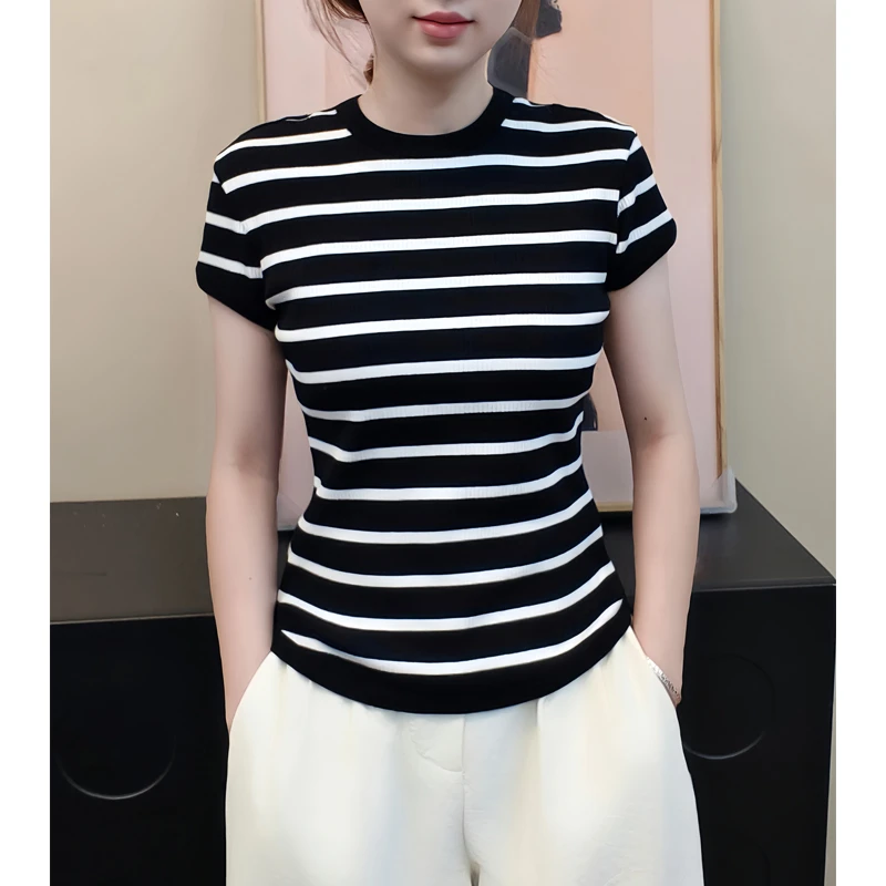 黑白条纹高弹力短袖棉T恤女修身显瘦透气圆领质感上衣