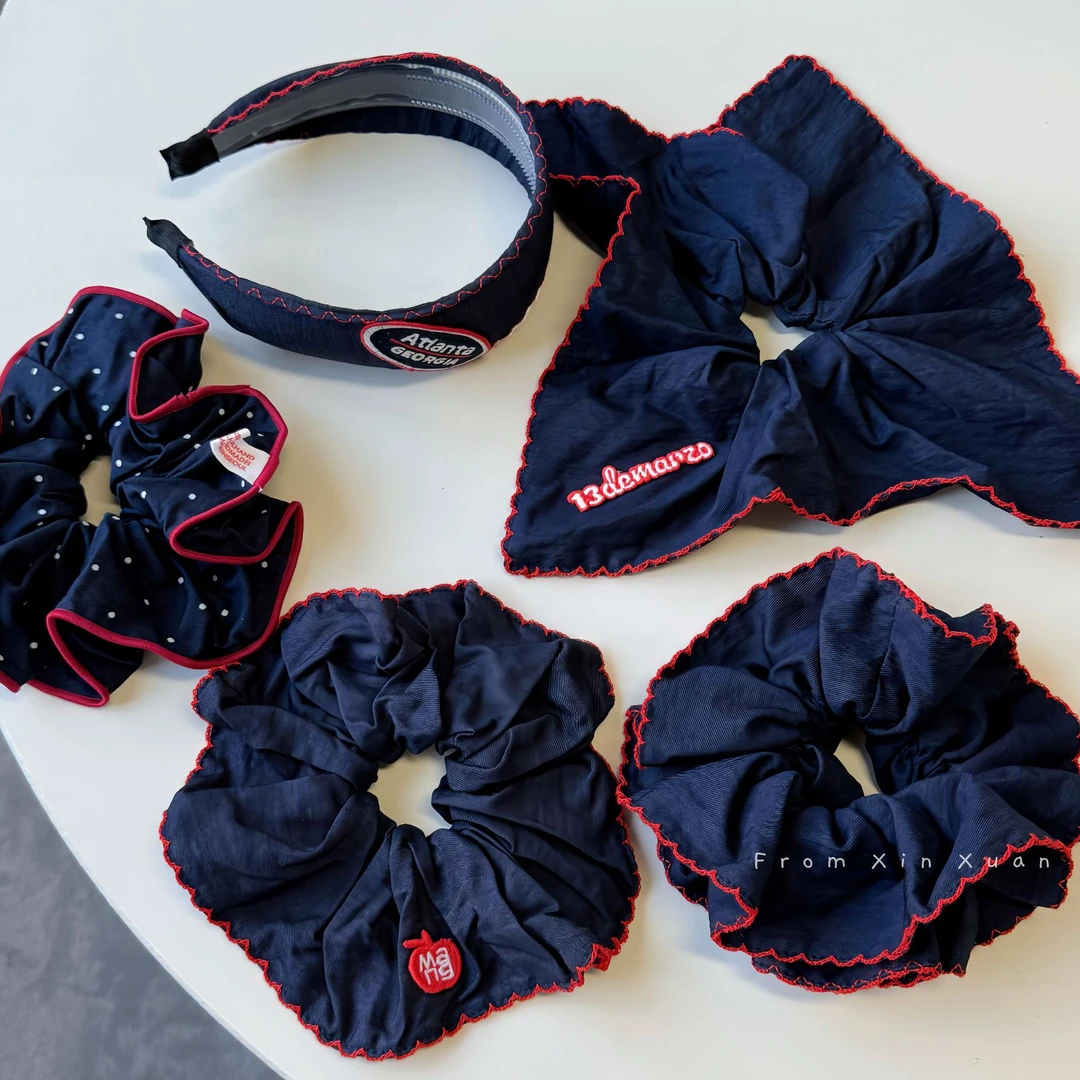 韩系复古藏蓝红边撞色波点大肠发圈高级感气质超大号扎发发绳新款