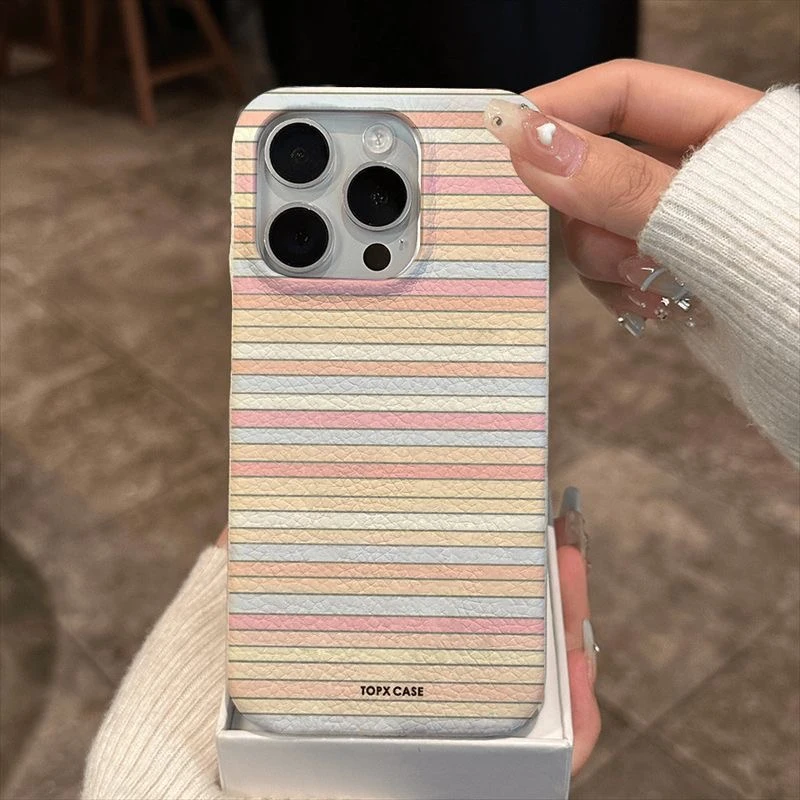 韩系简约彩条纹适用于iphone16Promax苹果15新款14皮革纹13手机壳