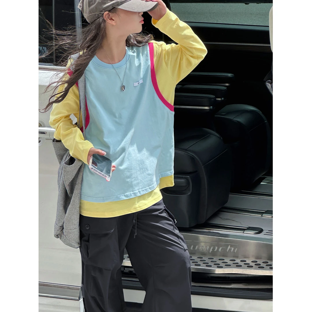 K29533孙小美假两件拼接女童裙子长袖T恤2025新款春秋上衣打底潮t