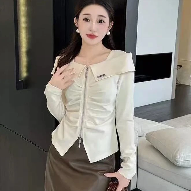 拉链纯色直筒型小香风长袖T恤设计感黑色芭蕾风显瘦减龄衬衫