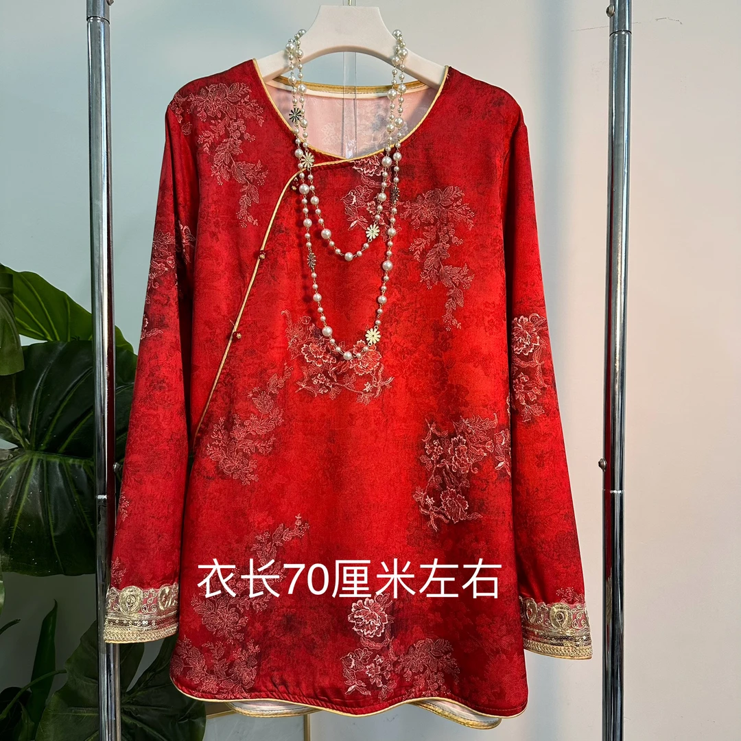 胖妹妹早春新款减龄贺岁百搭时尚不规则国风打底衫