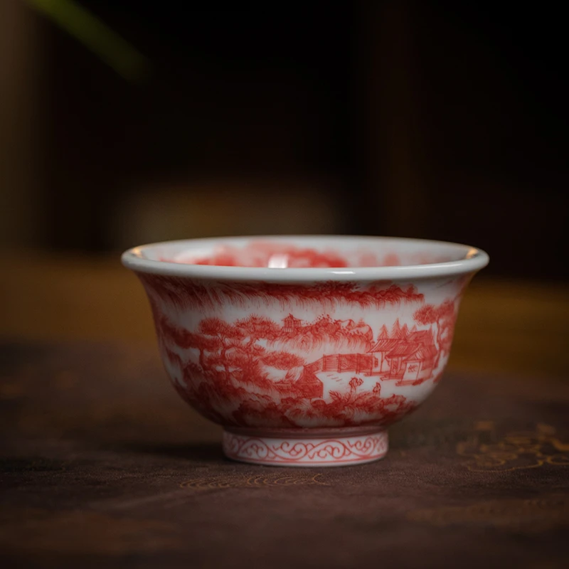 【九茗珍藏】精工全红山水压手杯 喝茶主人杯景德镇纯手工手绘茶具