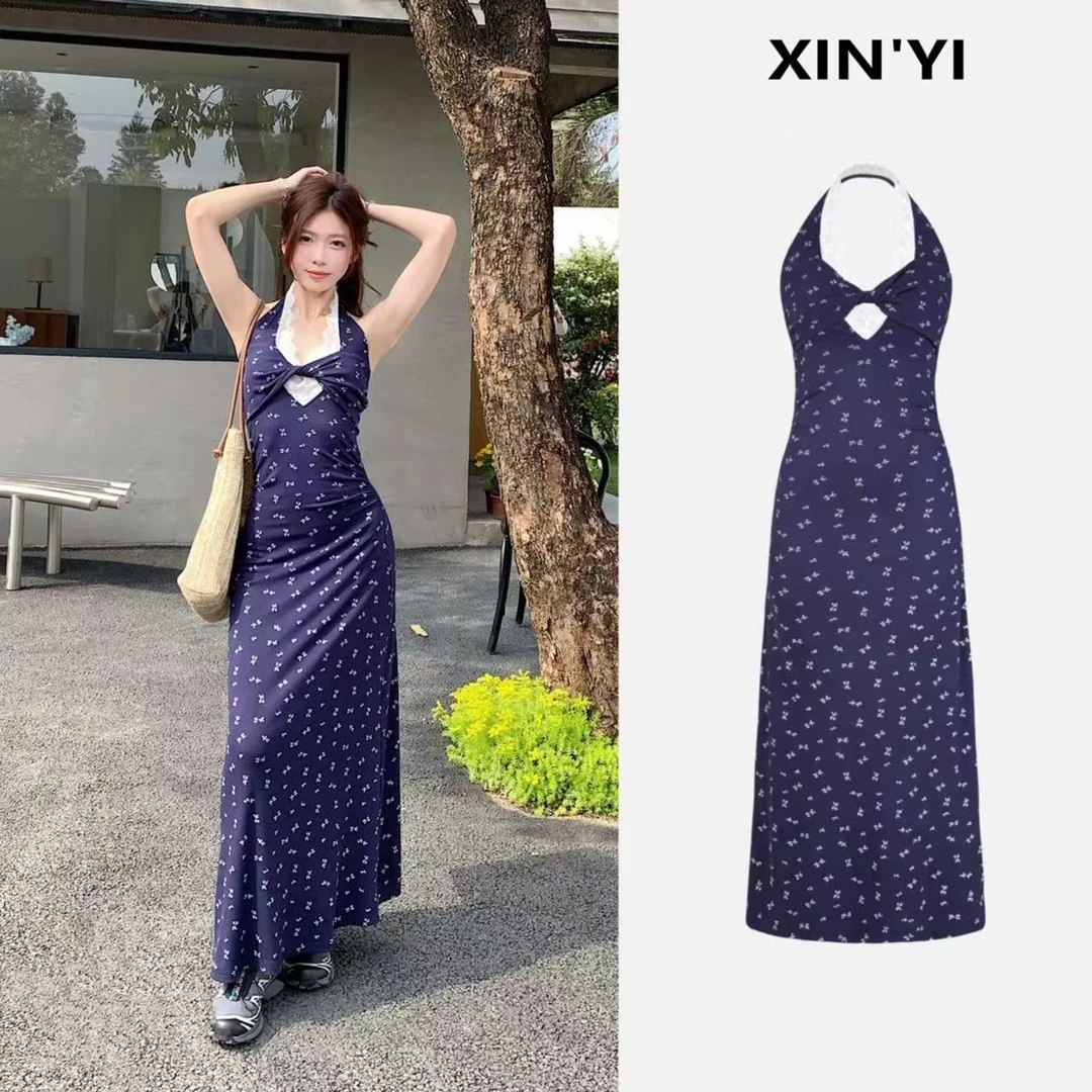 9062#【繁花】夏季法式碎花收腰长裙拼接蕾丝V领设计感连衣裙