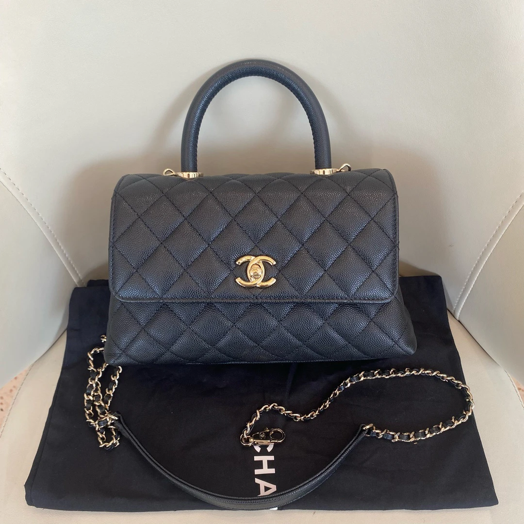 99新 Chanel/香奈儿 cocohandle黑金荔枝纹牛皮小号芯片款
