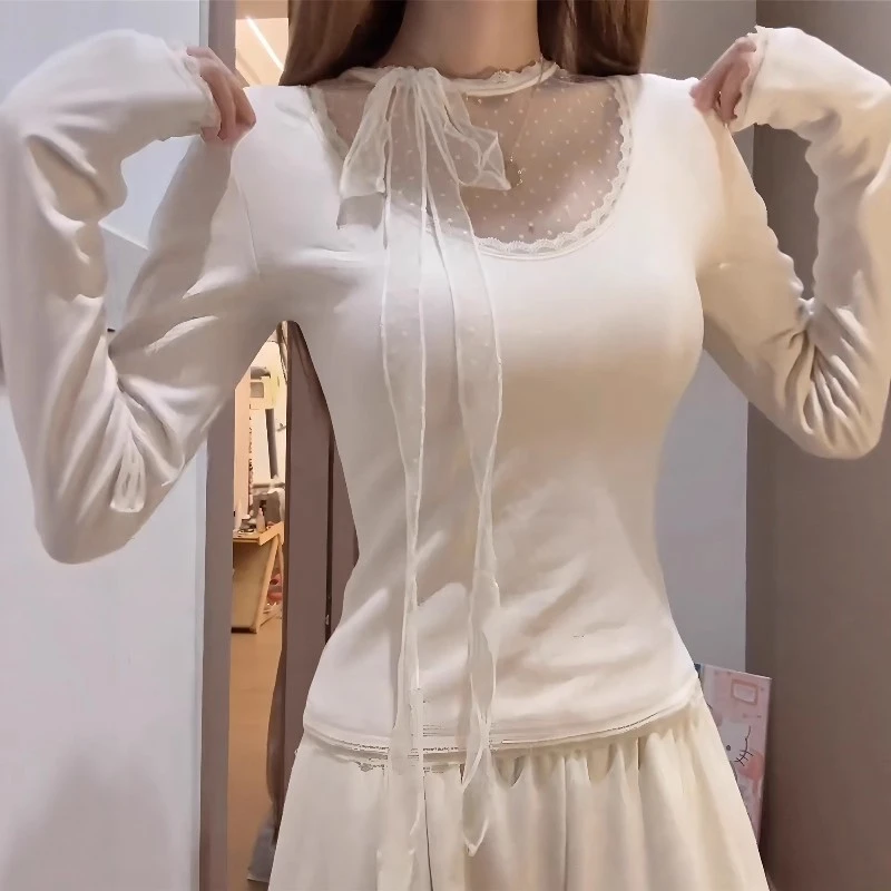 法式性感时尚百搭显瘦网红秋冬设计感气质打底衫女士蕾丝拼接半