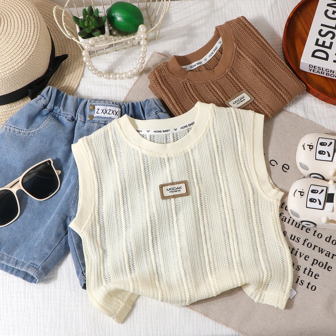 现货男女童装无袖背心2025夏季镂空透气立体休闲时髦无袖百搭上衣