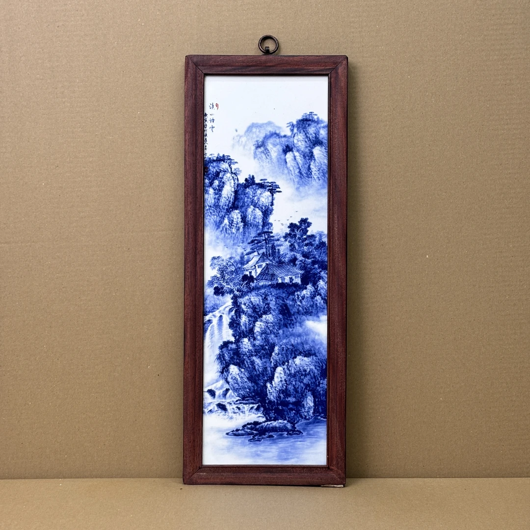 景德镇陶瓷王步青花山水湖光山色中式瓷板画实木边框53*21