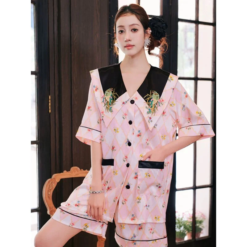 睡衣女夏季冰雪丝2025新款植物花卉女士夏天宽松气质家居服两件套