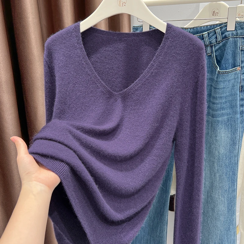 紫色高级感深V领长袖T恤女2025秋季新款宽松显瘦内搭针织衫上衣