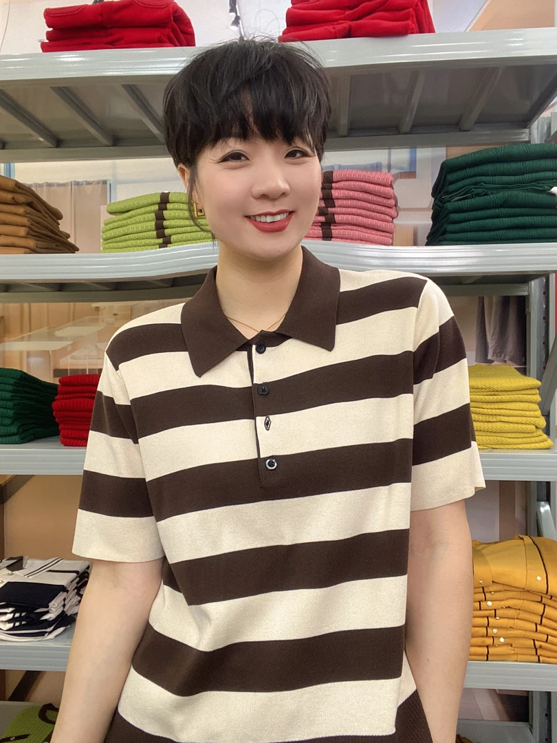 100%莱赛尔纤维翻领宽条纹套头衫时尚百搭显瘦针织衫5050