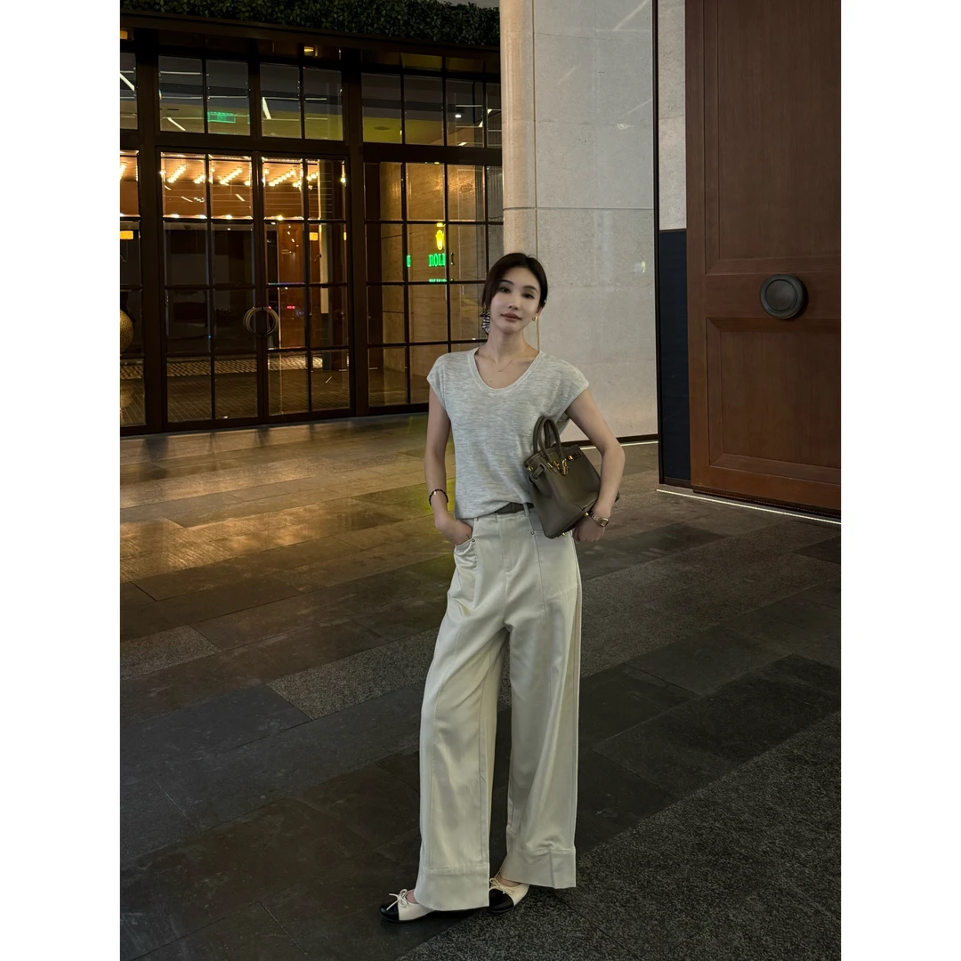 【悉尼久故】“T丝裤”老钱风设计感拼接线条慵懒休闲长裤C6627