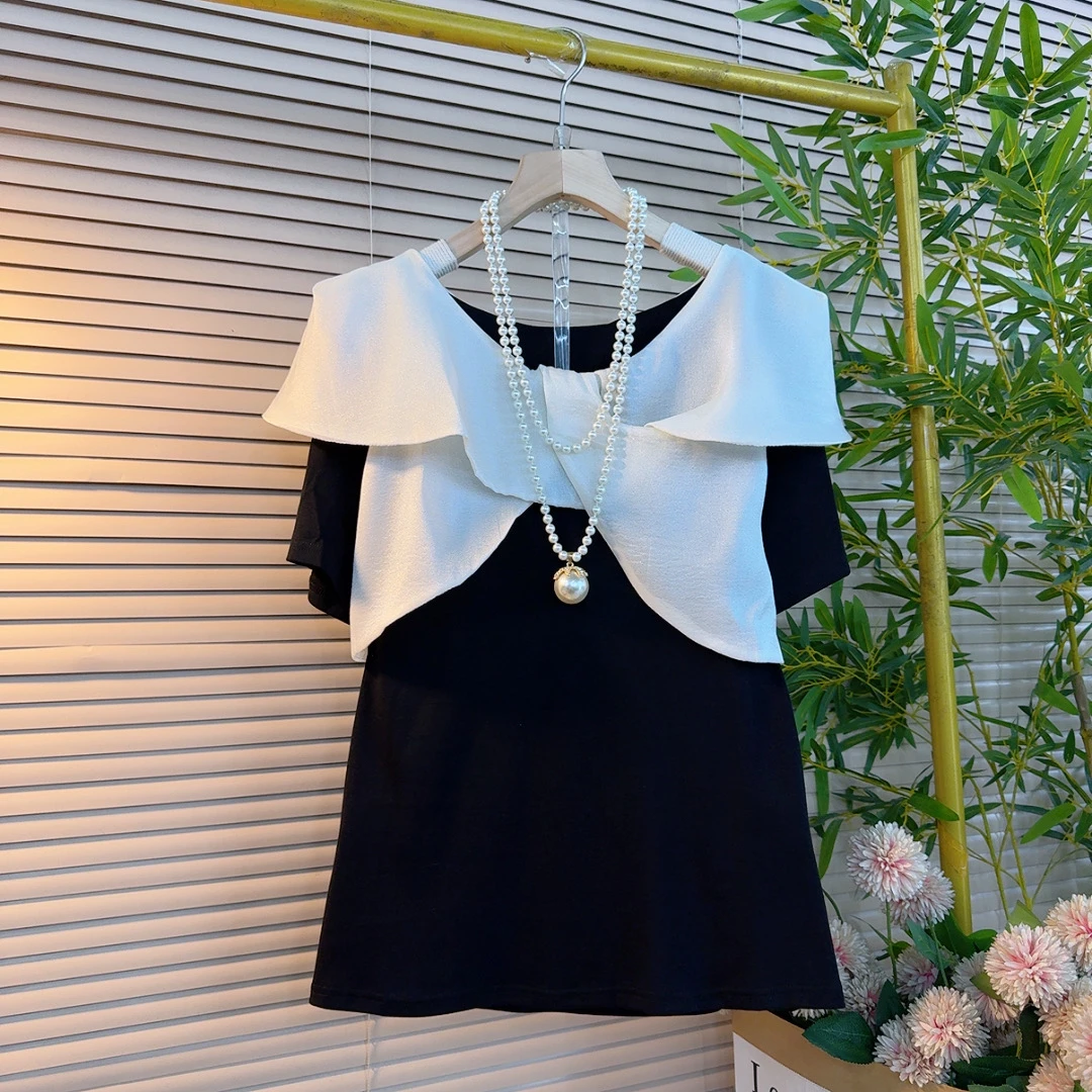 8170胖mm夏季新款欧货时尚设计感名媛风圆领蝴蝶结洋气减龄百搭衫