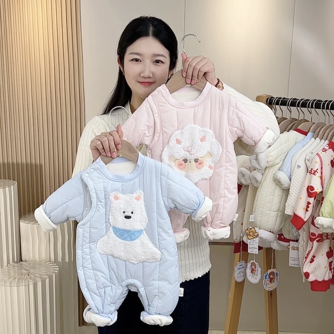 婴儿衣服秋冬款连体衣新生儿加绒加厚幼儿夹棉满月外出服宝宝