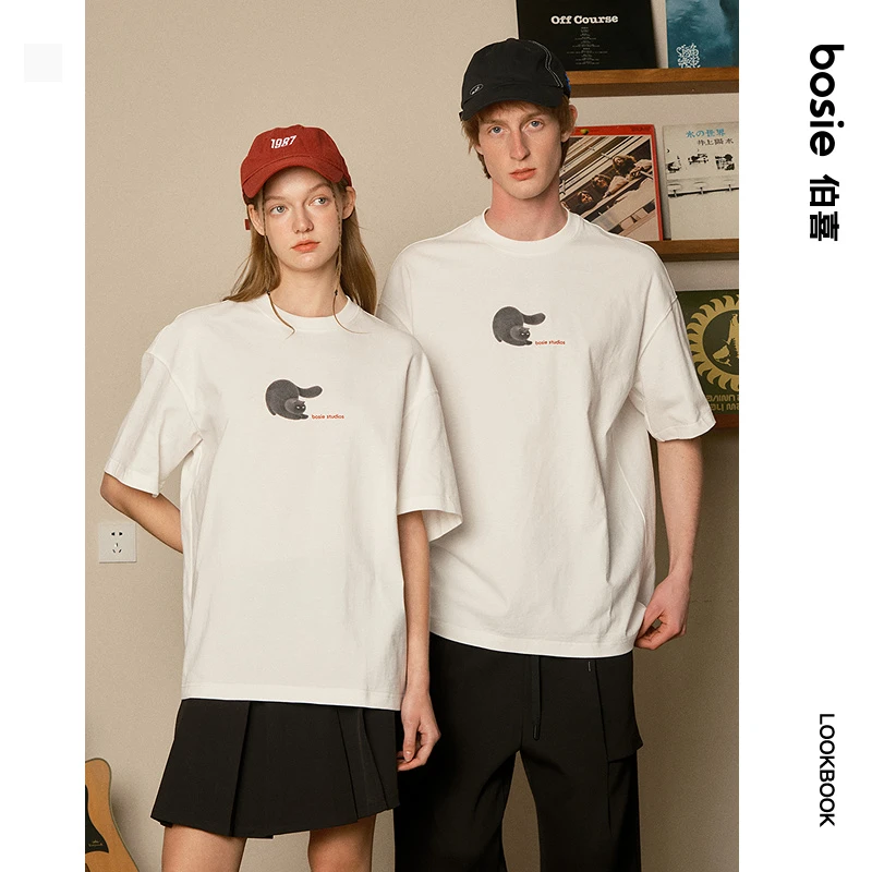 bosie2025年夏季新款趣味小猫印花短袖t恤男情侣百搭休闲简约宽松