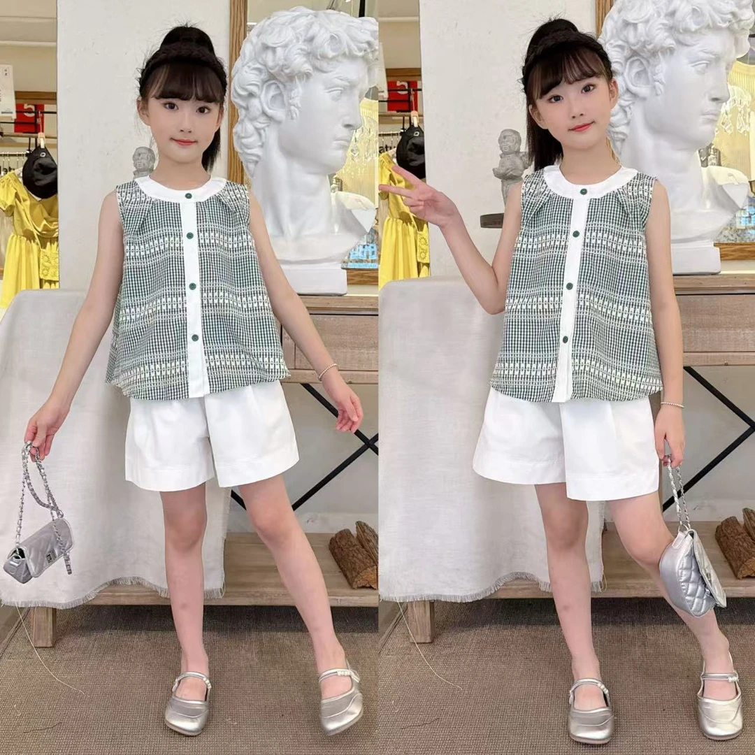 女童绿格子短裤套装2025新款夏季韩系时髦女孩洋气无袖甜美两件套