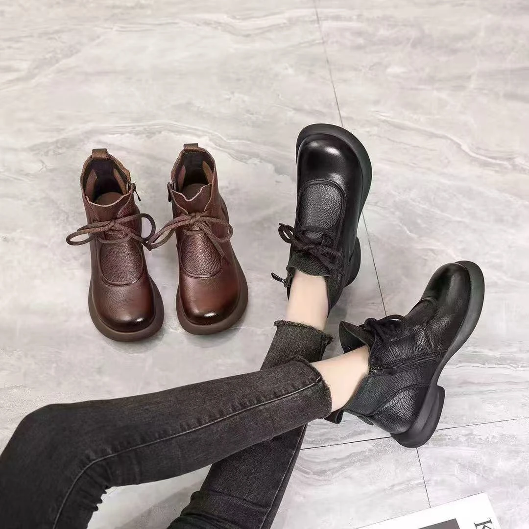 【朵苮品牌】休闲方跟侧拉链系带保暖圆头短靴英伦风加绒秋冬9677