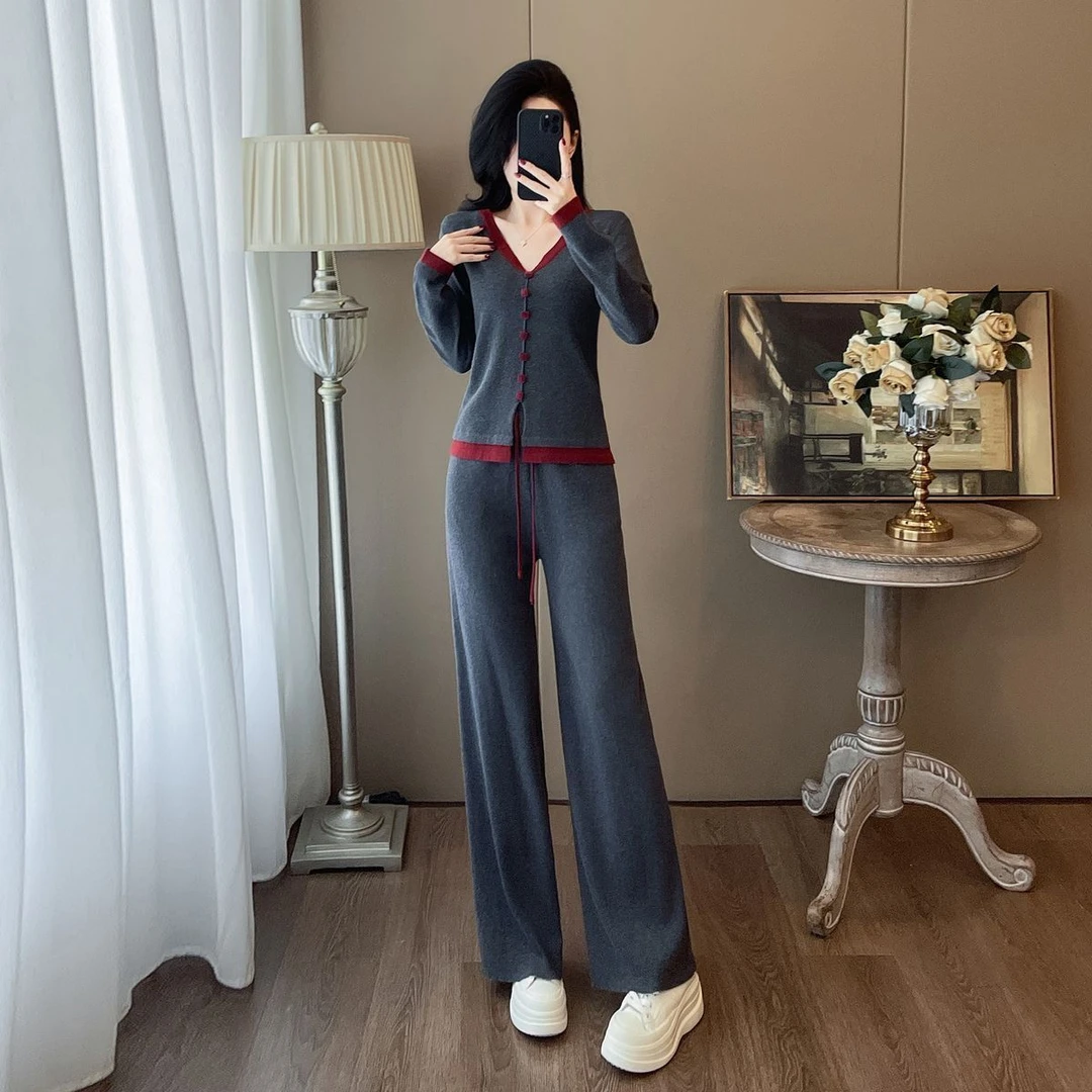 2025春秋新款套装女气质显瘦撞色假两件上衣+阔腿裤运动两件套508