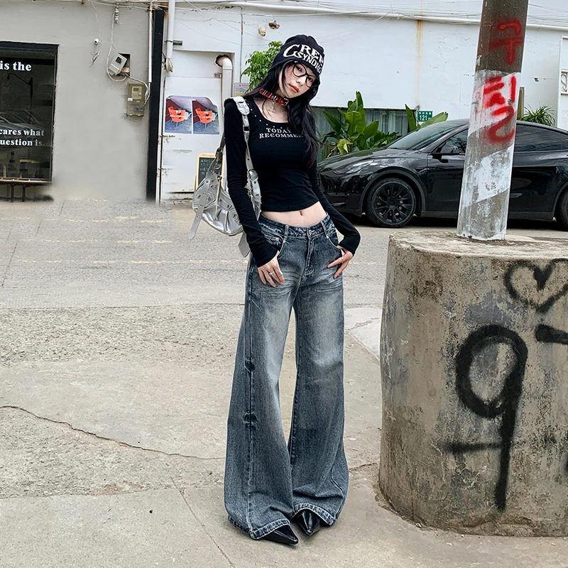 2025新款美式复古阔腿微喇牛仔裤女抓痕扫描设计拖地裤