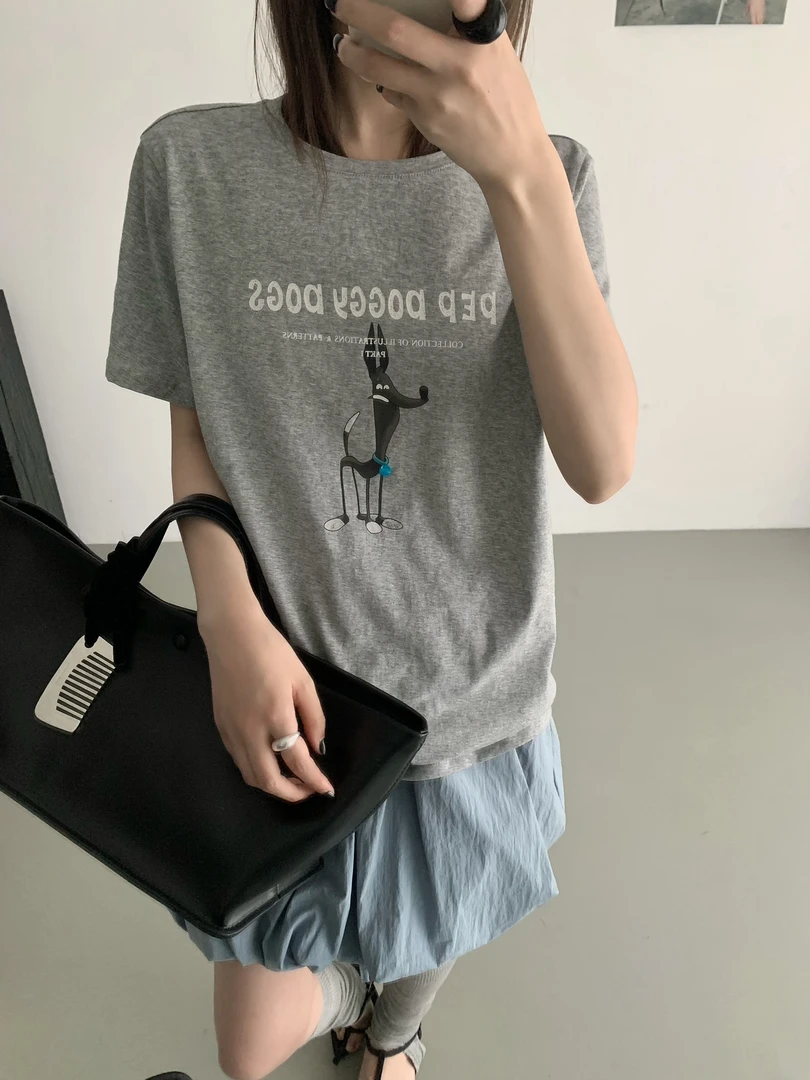 【硕和集】915054白色圆领短袖夏季韩版印花T恤半袖灰色时尚印花