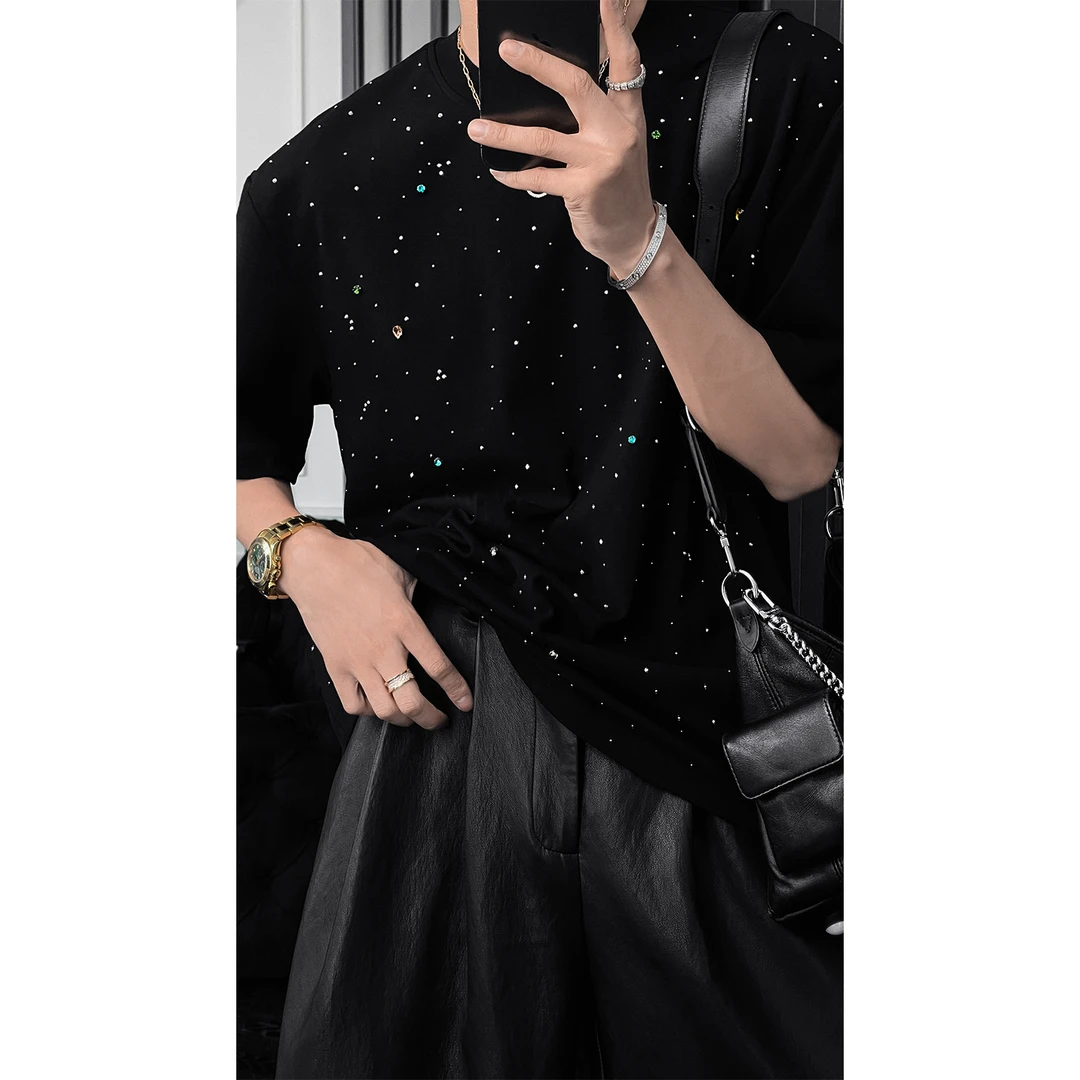 龙叨叨夏季新品高级感重工钉珠烫钻T恤男宽松休闲百搭短袖上衣潮