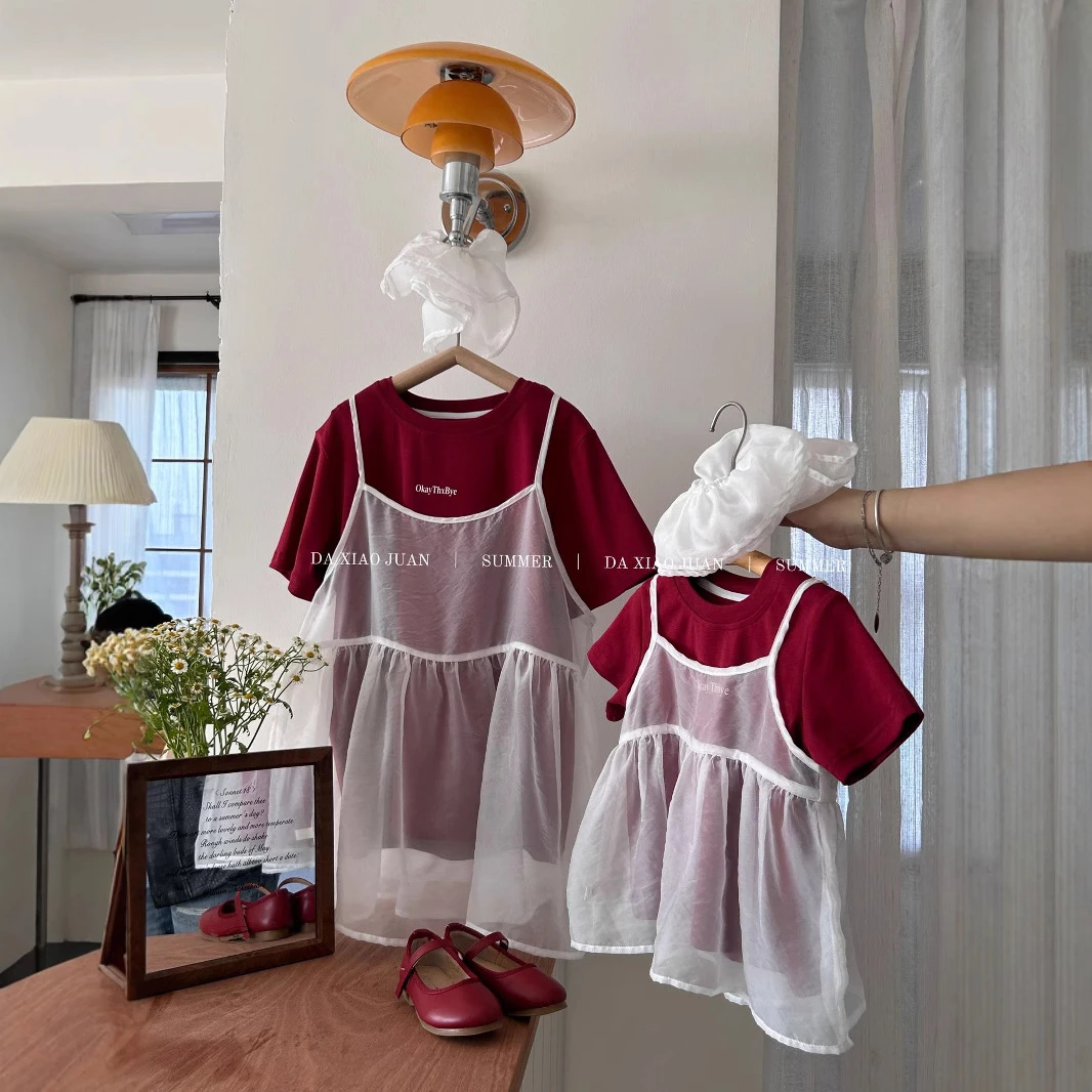 夏季夏款女童亲子装母女恤衫吊带罩衫两件套装童装儿童撞色连衣裙
