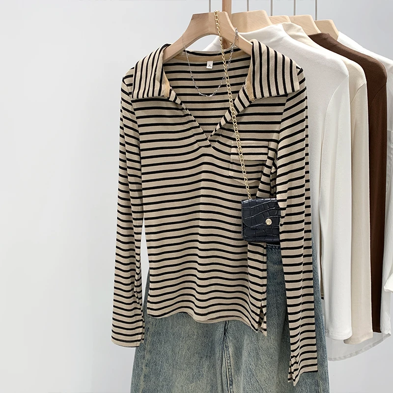 【Q】2025春季新款撞色条纹亨利领长袖打底衫T恤女250118