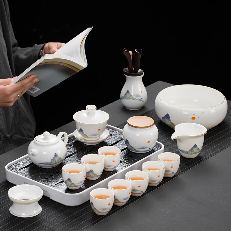 江山如画羊脂玉瓷功夫茶具套装家用德化白瓷茶具整套客厅办公送人