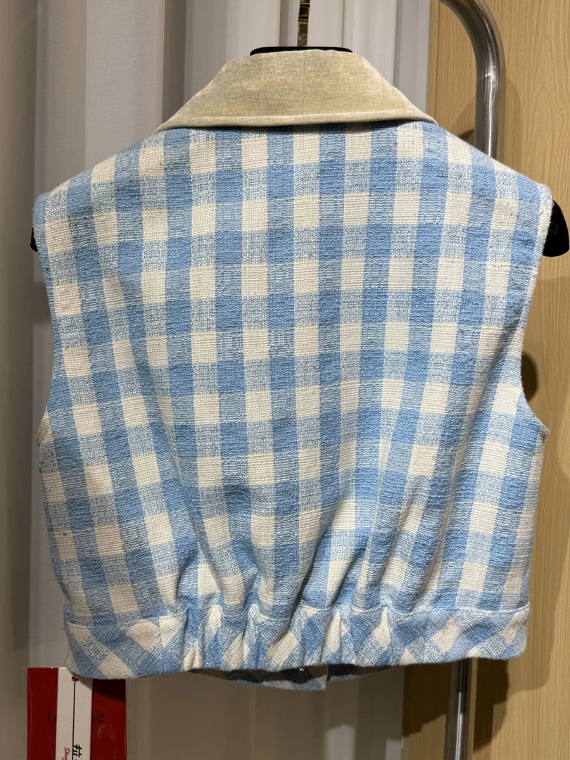 <猪猪出品>2025春夏上新显瘦牛仔辣妹蓝白格子复古镶砖小马甲450