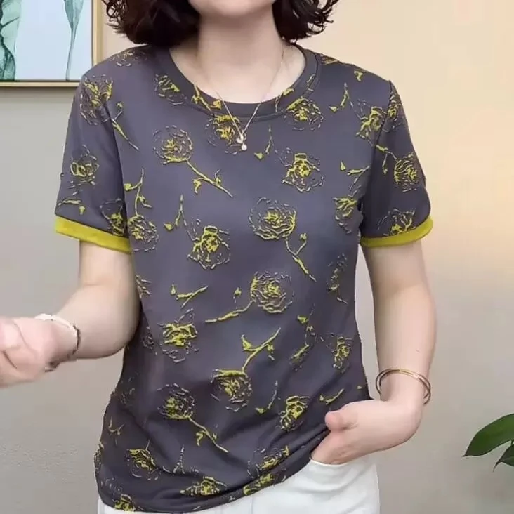 时尚妈妈装圆领短袖T恤25夏季新款精梳棉提花显瘦上衣