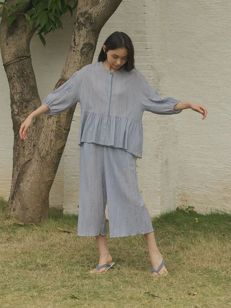朵朵可可睡衣女2025春夏新款纯棉圆领竖条纹七分袖简约家居服套装