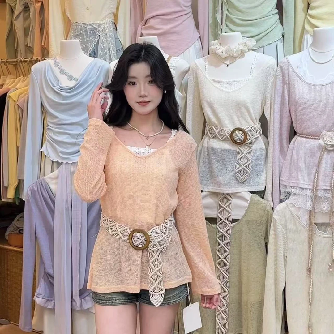 波西米亚风蓝色针织衫女装春夏季薄款纯欲甜美上衣假两件套气质女