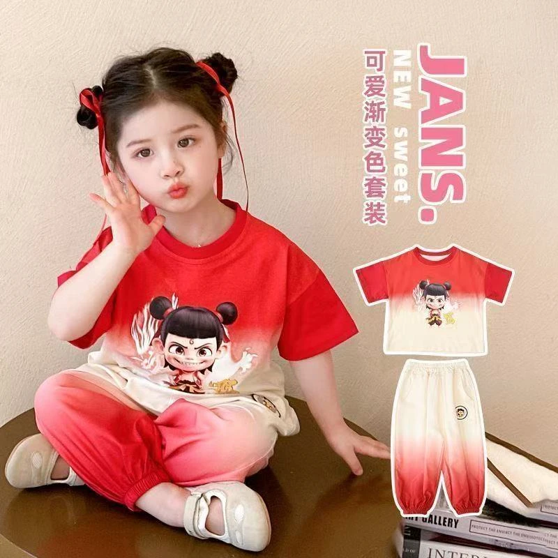 夏装洋气短袖儿童套装哪吒女童2025年新款渐变女宝宝夏季两件套装